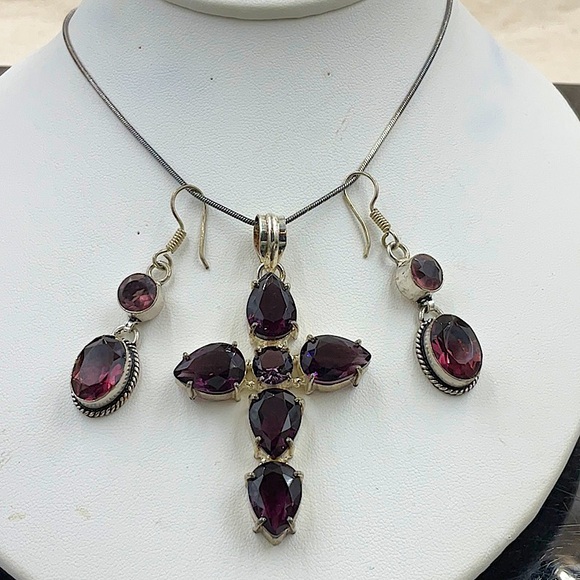 Jewelry - 18” Sterling Silver Faceted Amethyst Cross Necklace & Earrings